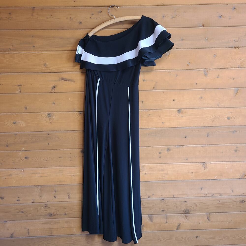Frank Lyman Jumpsuit Wide Leg One Shoulder Ruffle Black White Size 6 Prom Formal - Picture 3 of 8